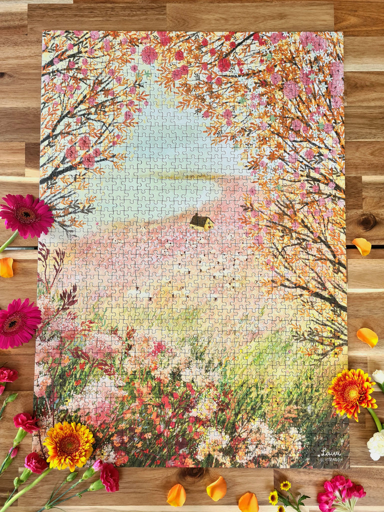 Cottage and Pink Fields 1000-Piece Puzzle