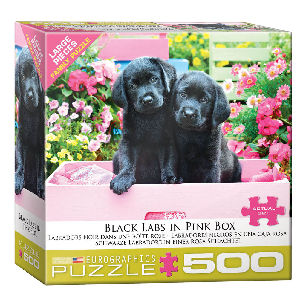 Labradors noirs dans une boîte rose<br>Casse-tête de 500 pièces